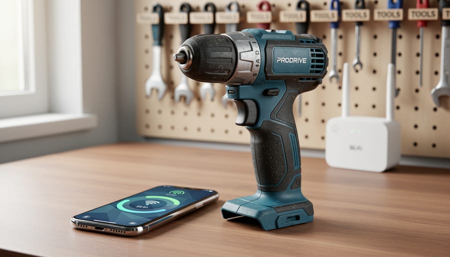 Cordless power drill on a wooden workbench next to a smartphone with a text-free update graphic, in a workshop with blurred pegboard tools and a small Wi‑Fi router in the background.