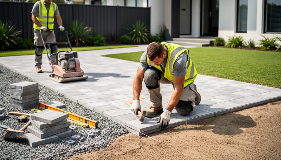 Contractor using rubber mallet to install concrete pavers on prepared base