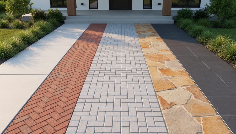 Outdoor patio displaying various paver materials including concrete, stone, and brick