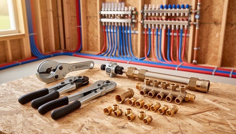 Contractor using PEX pipe cutter and crimping tools on blue tubing