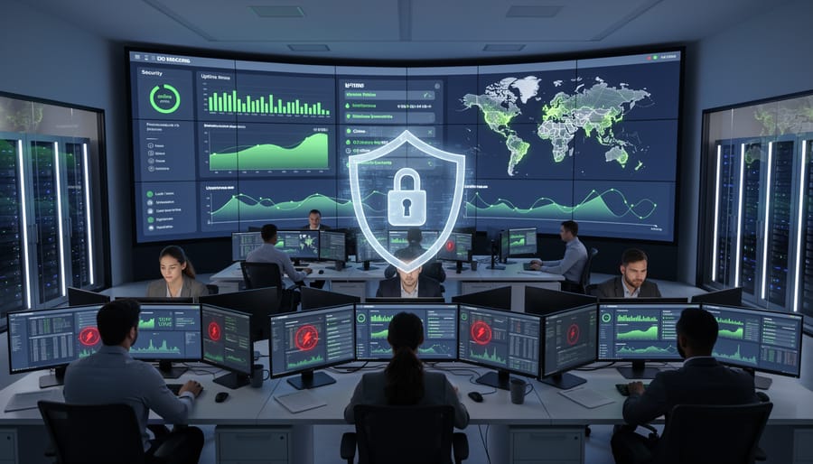 Computer displaying security monitoring dashboard in professional office setting