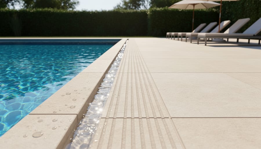 Modern porcelain pavers around swimming pool with water splashes and reflections