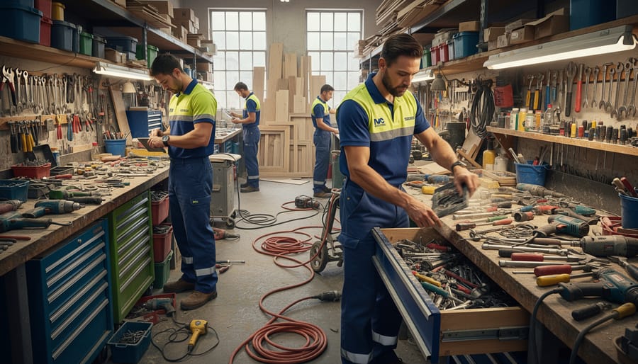 Disorganized tools scattered on workshop floor showing poor tool management