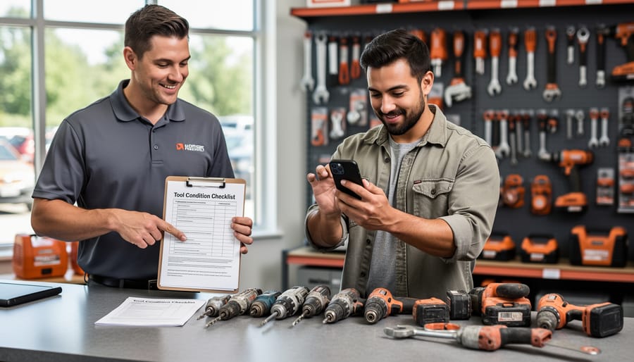 Person photographing rental tool condition with smartphone before pickup