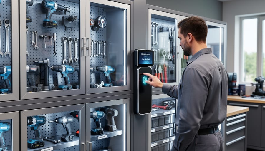 Professional workshop with organized power tools secured behind biometric-controlled glass panel
