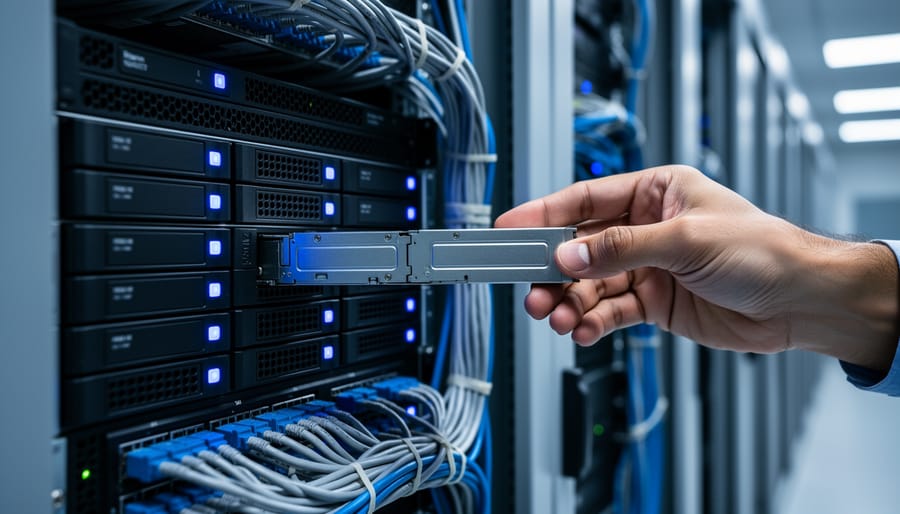 Close-up of mirrored redundant server racks with blue status lights and tidy cabling, an engineer’s hand inspecting a hot-swap drive under cool diffused lighting, with the data center aisle softly blurred in the background.