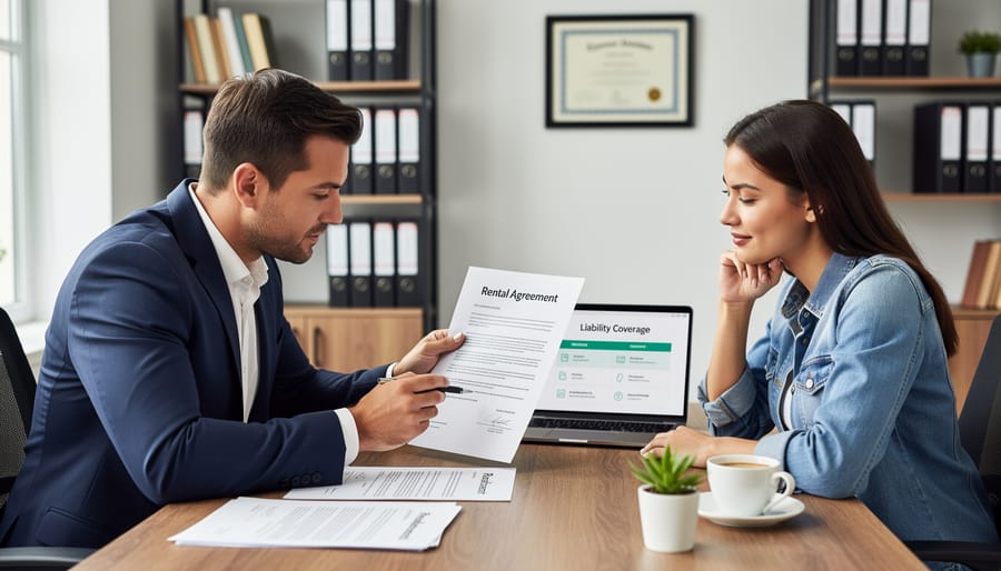 Customer and rental staff reviewing rental agreement and insurance terms at service counter