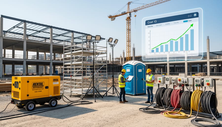 Rented construction equipment including scaffolding and generators at organized job site