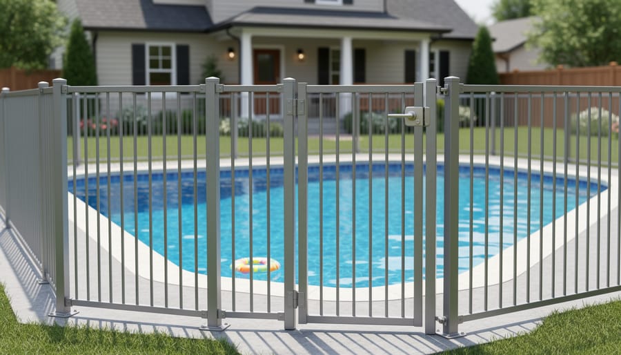 Safety fence with proper vertical slat spacing installed around residential swimming pool
