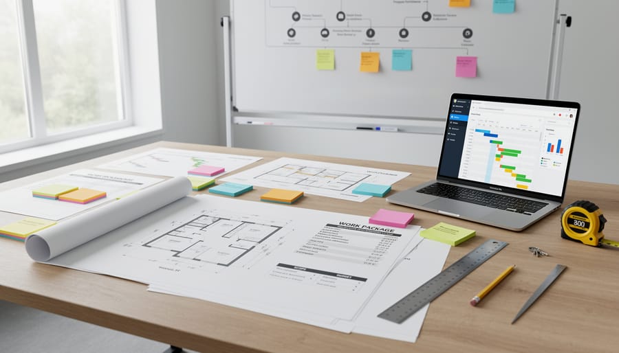 Project manager reviewing organized project documentation in renovation site