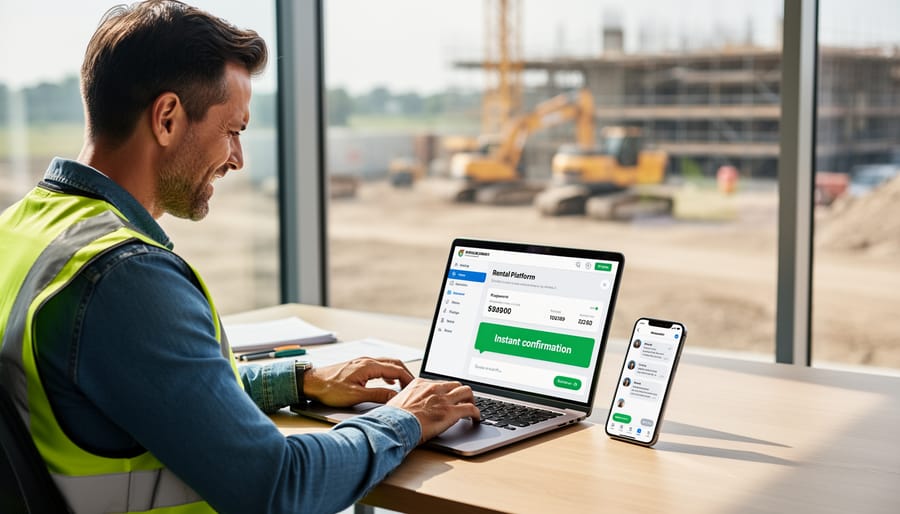 Construction worker reviewing rental details on tablet at job site with equipment van