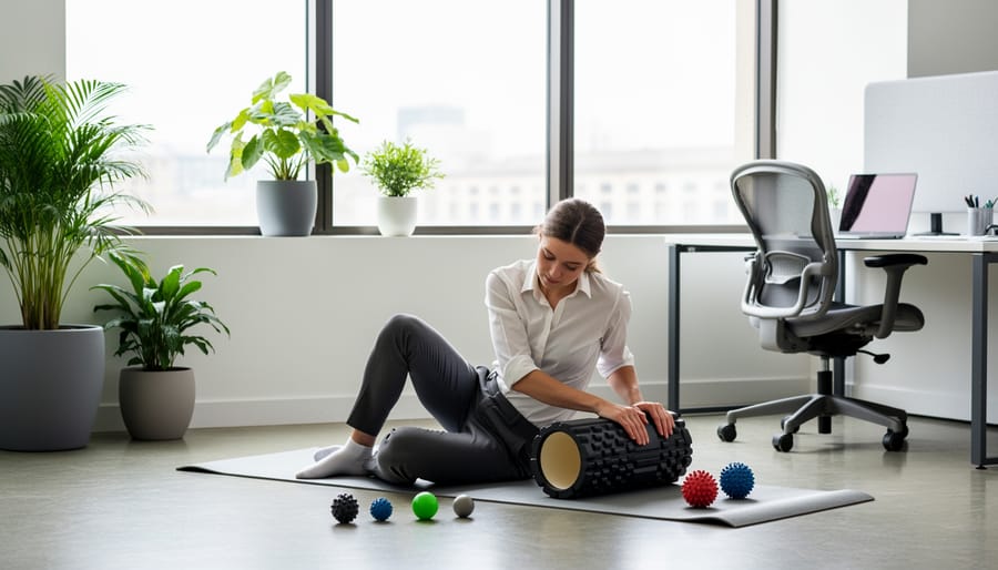 Collection of self-massage tools including foam roller, massage balls, and handheld massager