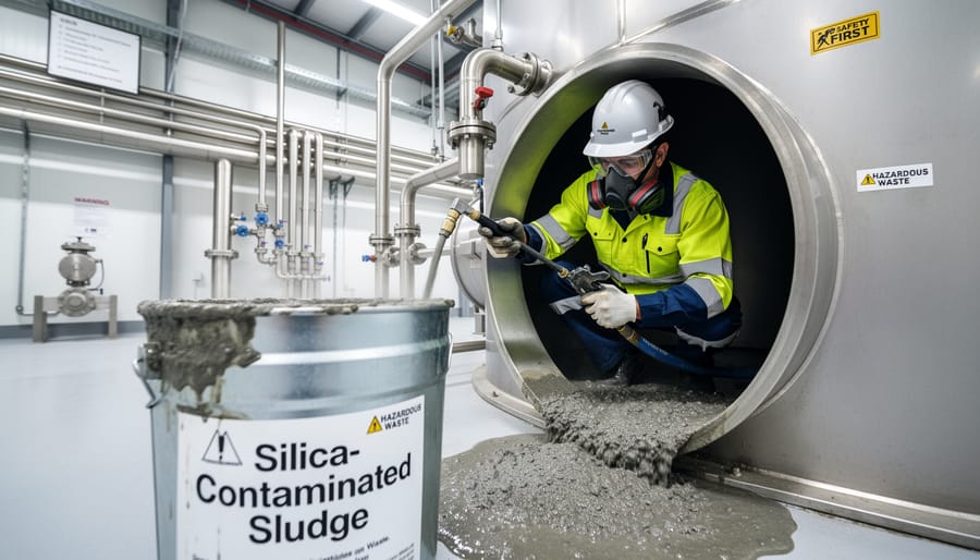 Close-up of hands cleaning wet dust collector separator tank with silica sludge