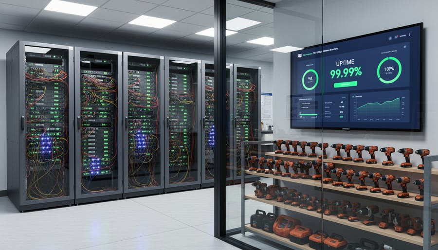 Modern data center server racks with illuminated LED status lights