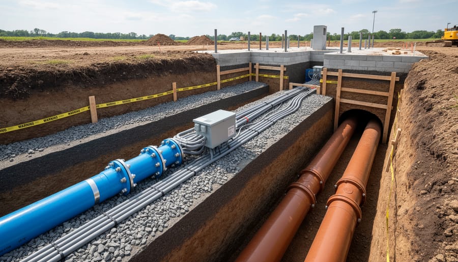 Multiple colored utility pipes laid in parallel trenches showing water, electrical, and sewer line installation