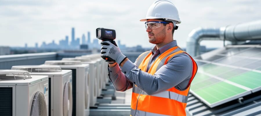 Facility manager in safety vest and hard hat scans rooftop HVAC units with a handheld thermal imaging camera under bright overcast light, with solar panels, ductwork, and a city skyline softly blurred in the background.