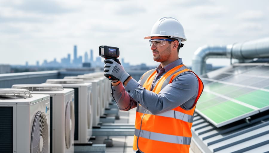 Facility manager in safety vest and hard hat scans rooftop HVAC units with a handheld thermal imaging camera under bright overcast light, with solar panels, ductwork, and a city skyline softly blurred in the background.