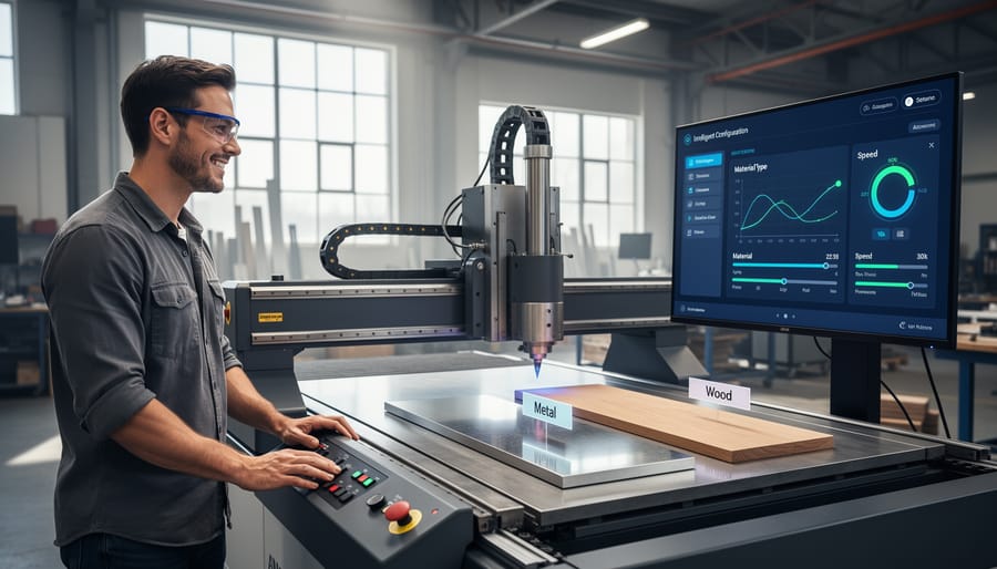 Tradesperson using smart circular saw with automatic material detection on wood