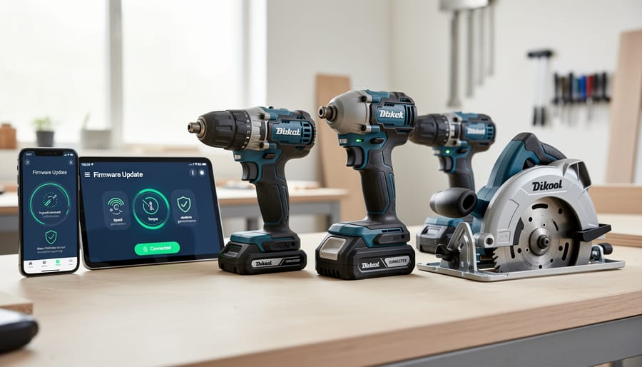 Cordless power drill with digital display being held in workshop showing update capability
