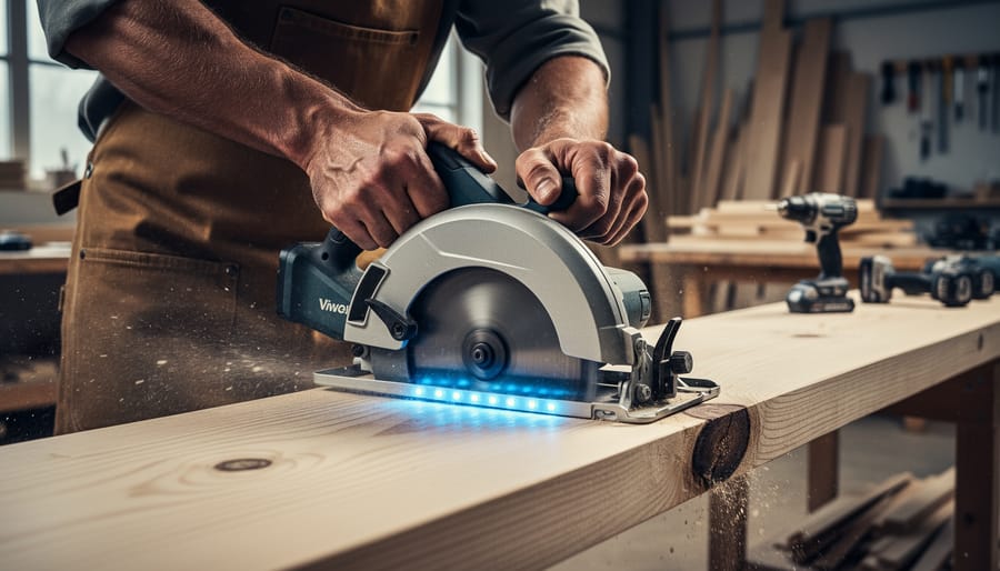 Close-up of a carpenter guiding a modern, unbranded circular saw with small glowing sensor lights while cutting a pine board at a visible knot, with warm side lighting and a blurred workshop of benches, lumber stacks, and other tools behind.