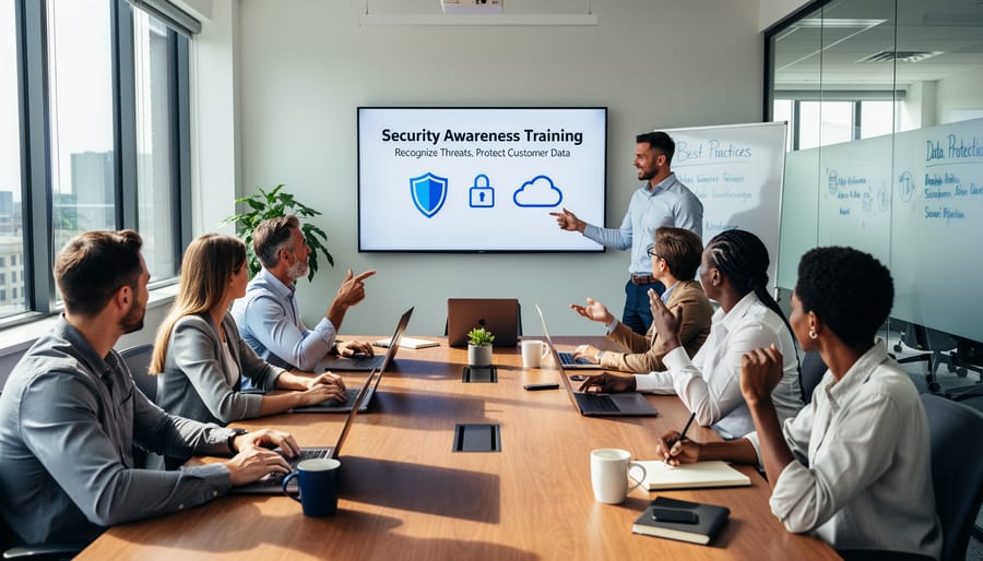 Tool hire business team members collaborating and training together on security procedures