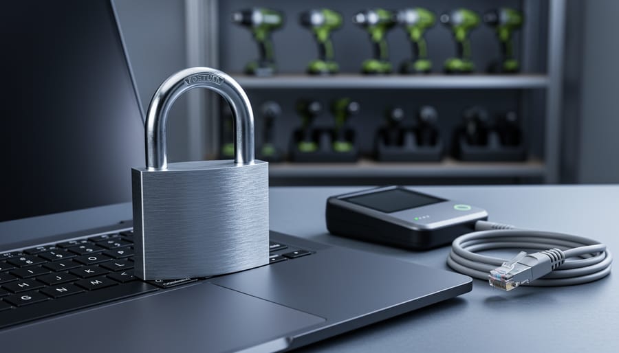 Metal padlock on a laptop keyboard next to an unbranded card reader and ethernet cable at a tool hire checkout, with blurred shelves of power tools and charging stations in the background under cool blue lighting.