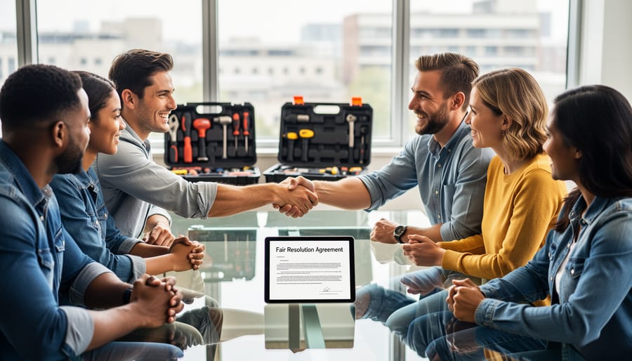 Two people shaking hands over workbench with construction tools