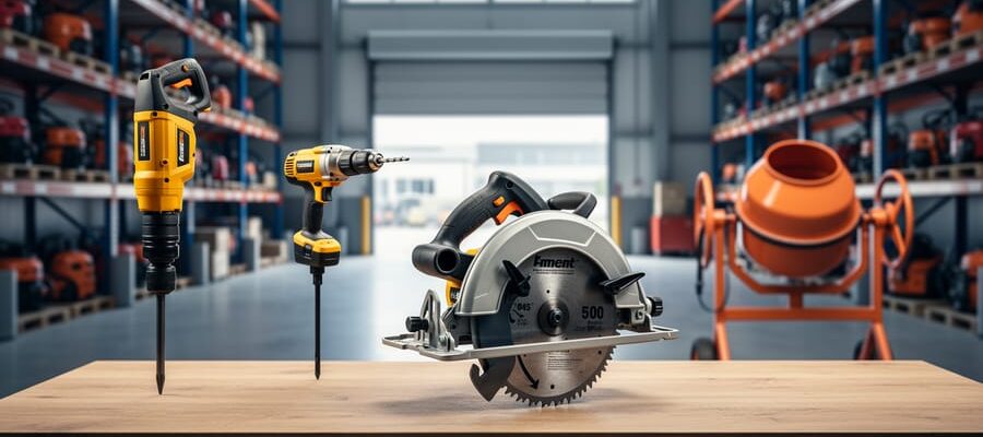Circular saw in sharp focus on a workbench with a jackhammer, rotary hammer drill, and compact concrete mixer behind it in a bright, organized tool rental warehouse, softly lit with blurred shelves and an open bay in the background.