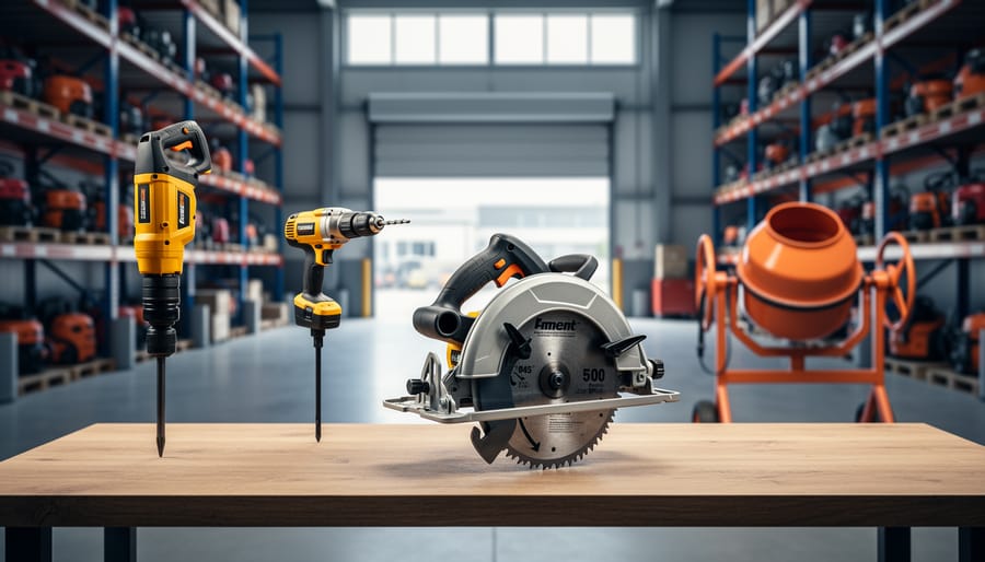 Circular saw in sharp focus on a workbench with a jackhammer, rotary hammer drill, and compact concrete mixer behind it in a bright, organized tool rental warehouse, softly lit with blurred shelves and an open bay in the background.