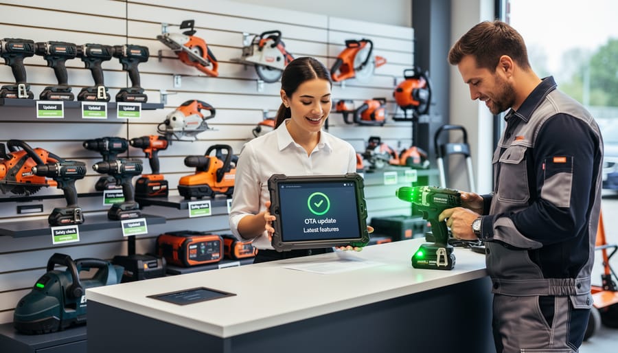 Tool rental counter showing multiple smart power tools on charging stations with management tablet