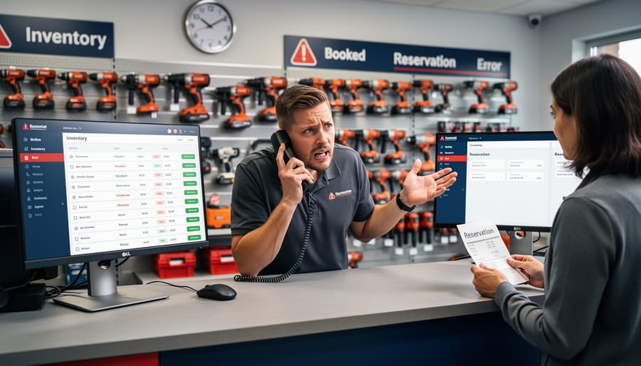 Customer and staff member at tool rental counter dealing with system miscommunication issues