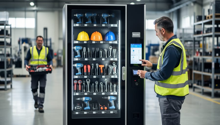 Industrial tool vending machine with digital interface in manufacturing facility