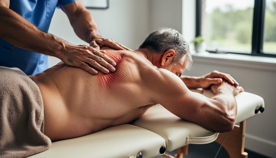 Construction worker demonstrating physical strain from manual labor on job site