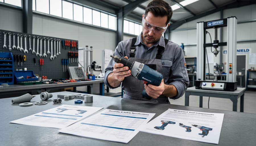 Tradesperson inspecting specialized tool attachment on job site