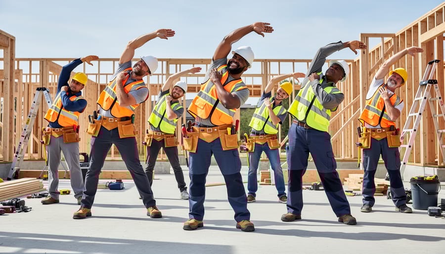 Tradesperson performing morning stretches in workshop before starting work