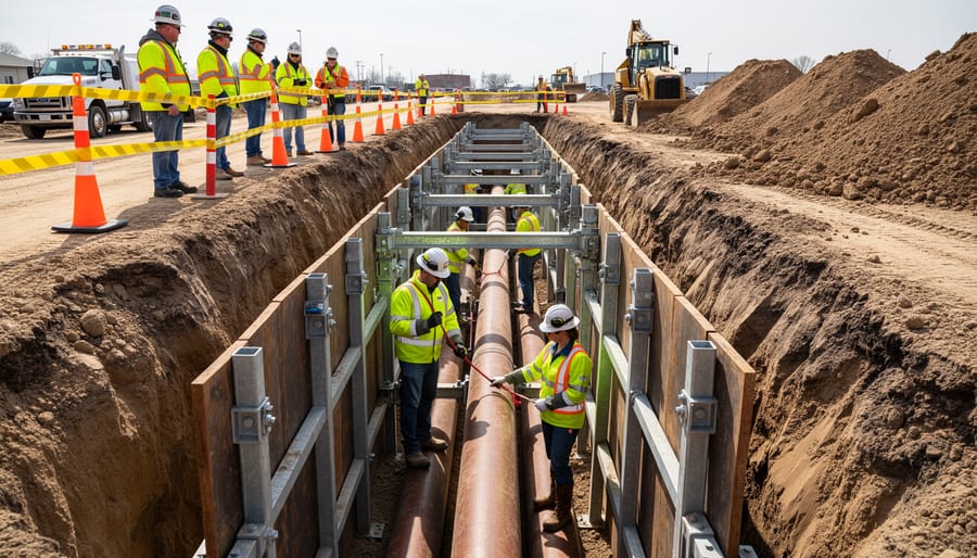 Construction worker in safety gear standing in properly shored trench with protective metal plates