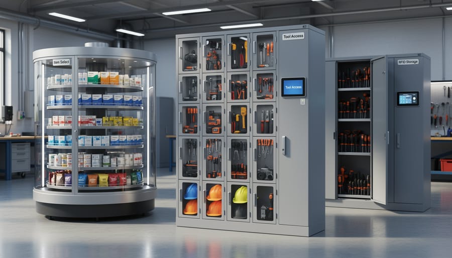 Comparison of three types of tool vending systems including lockers, carousel, and smart cabinets