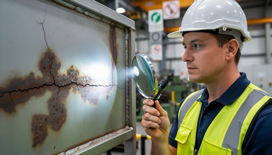 Close-up of hands inspecting machine guard for cracks and corrosion damage with flashlight