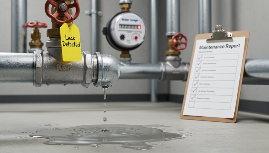 Close-up of water droplet forming on pipe joint showing potential leak