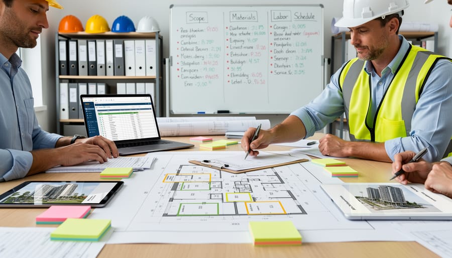 Overhead view of contractor organizing project components with notes on construction blueprints