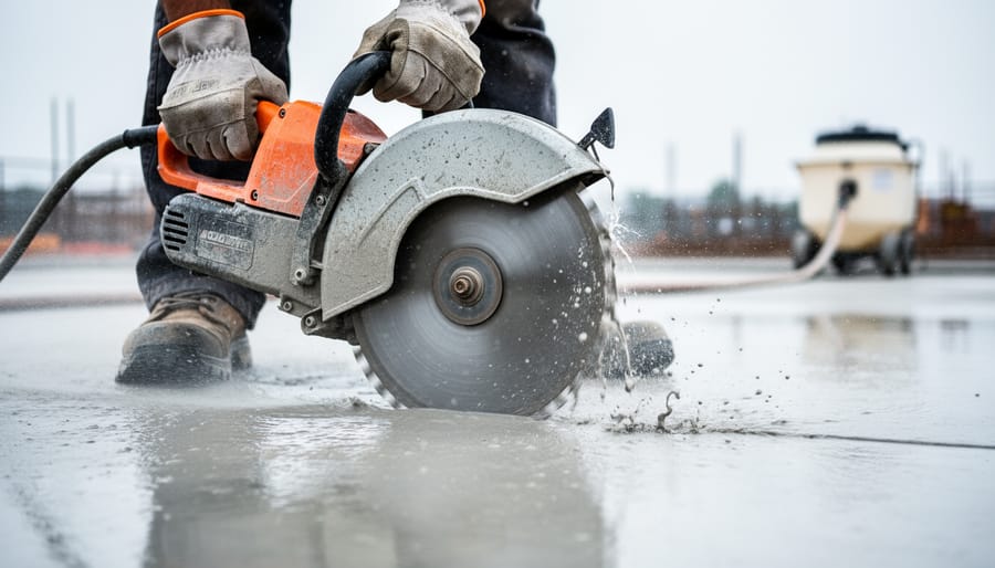Construction worker operating a water-fed handheld concrete saw as water sprays onto the blade, forming wet slurry on the slab while a hose runs to a wet dust collector tank in the blurred background.