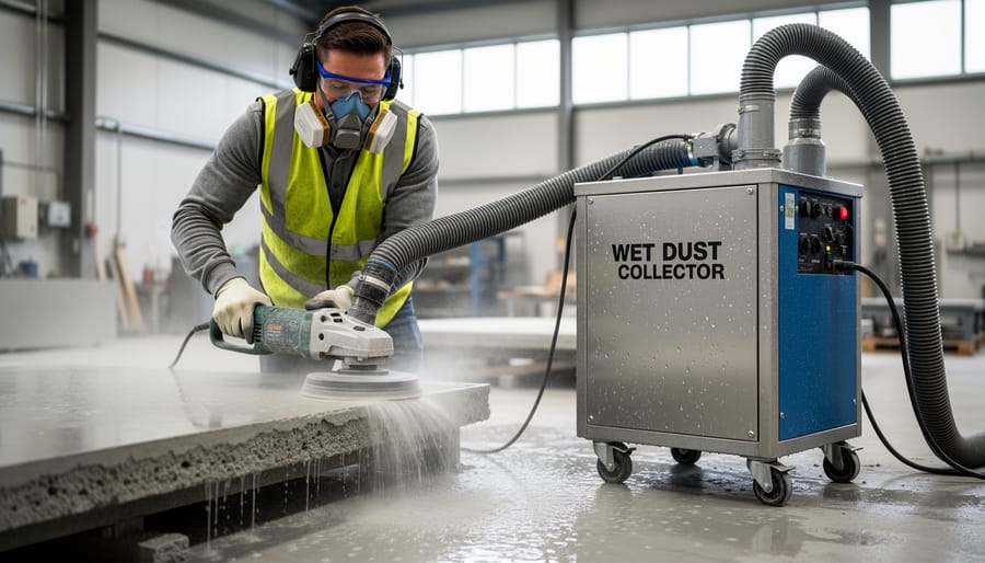 Construction worker operating angle grinder with wet dust collection system on concrete