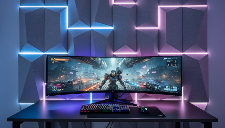 Acoustic foam panels with LED strip lighting installation on gaming room wall