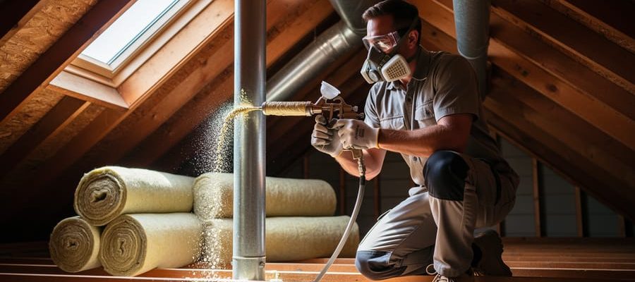 "Home energy technician applying spray foam around an attic penetration, with rolls of insulation nearby and attic rafters and ductwork softly blurred in the background"