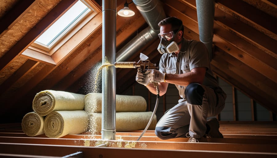"Home energy technician applying spray foam around an attic penetration, with rolls of insulation nearby and attic rafters and ductwork softly blurred in the background"
