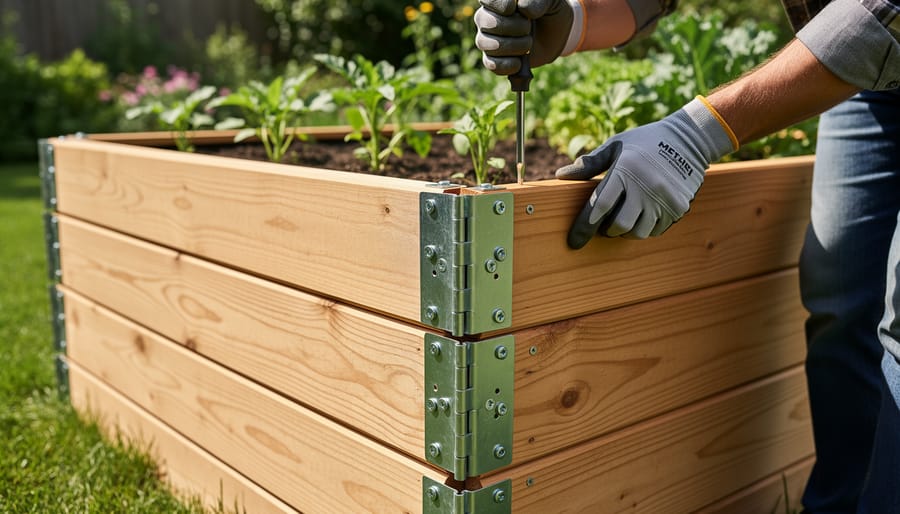 Close-up of hands using drill to assemble wooden raised garden bed frame