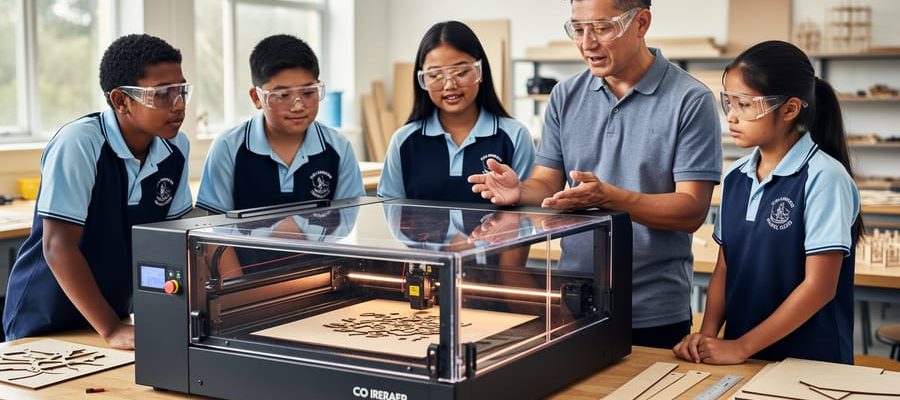 Teacher and diverse Australian secondary students wearing safety glasses watch an enclosed desktop CO2 laser cutter with the lid down cutting plywood on a classroom workbench, with tools and materials softly blurred in the background under natural window light.