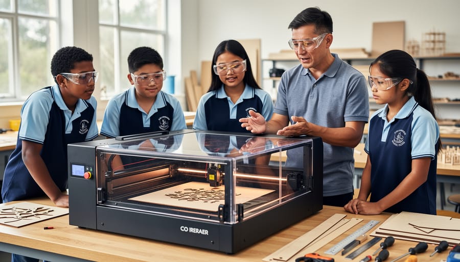 Teacher and diverse Australian secondary students wearing safety glasses watch an enclosed desktop CO2 laser cutter with the lid down cutting plywood on a classroom workbench, with tools and materials softly blurred in the background under natural window light.