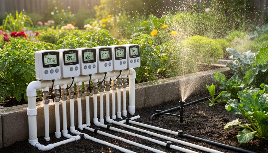 Digital timer controller mounted on wall connected to garden tap and PVC watering system