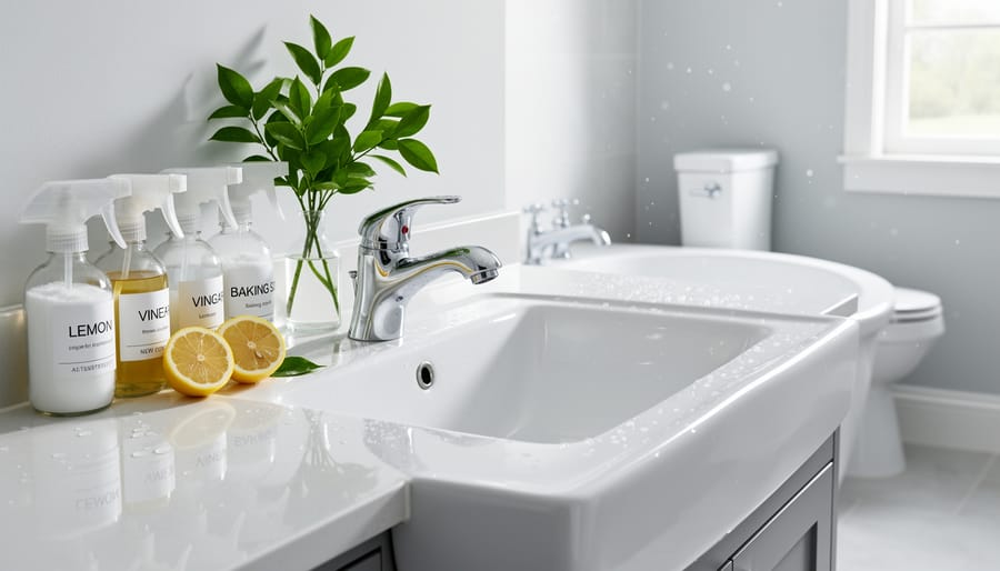 Clean white toilet bowl with natural cleaning supplies showing effective DIY bathroom cleaning